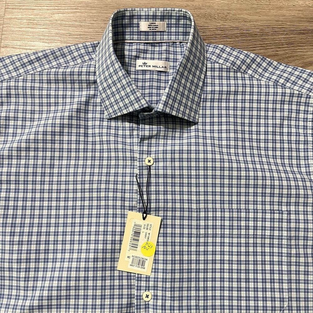 NWT Peter Millar Crown Finish Plaid Checks Shirt Casky Mens Sz Large MF18W26CSL